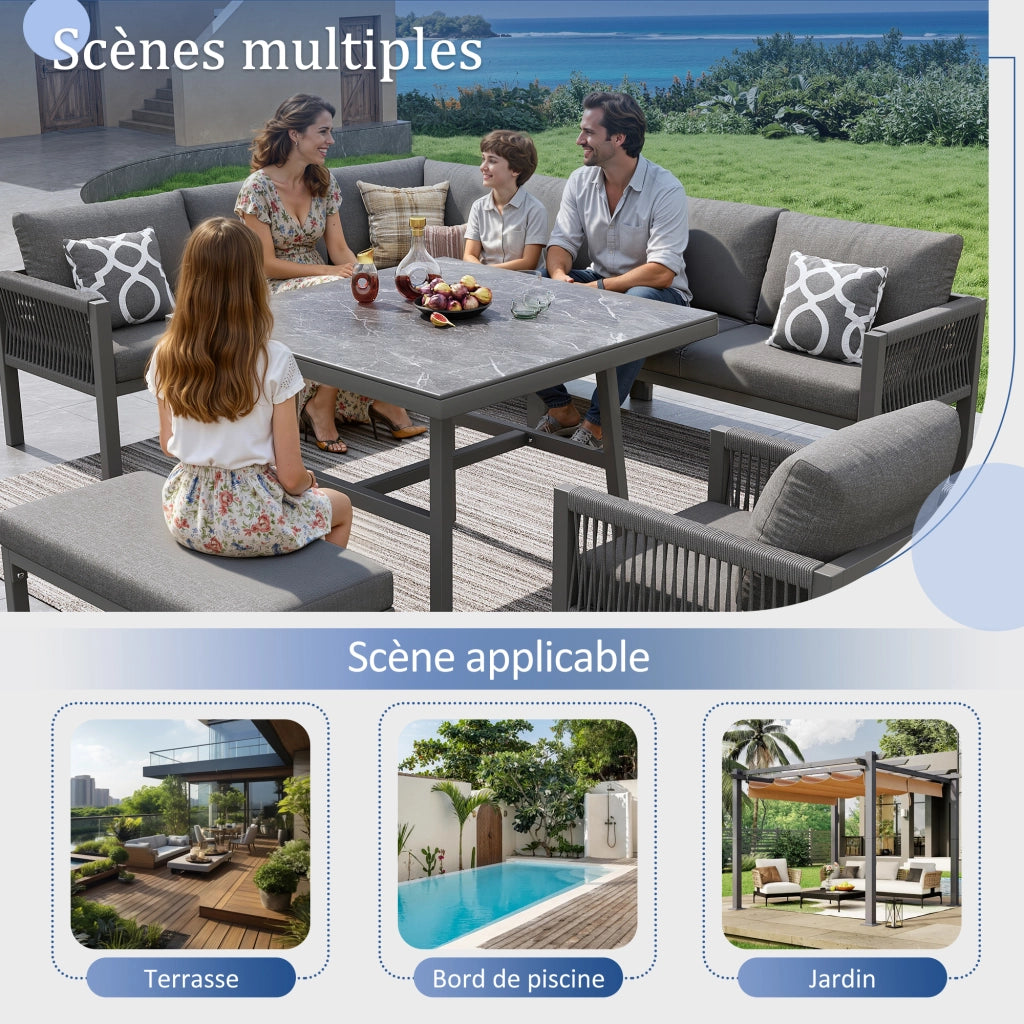 Mobili da Giardino con 3 Divani 2 Posti; 1 Poltrona; 1 Panca e 1 Tavolino; Ferro; Grigio