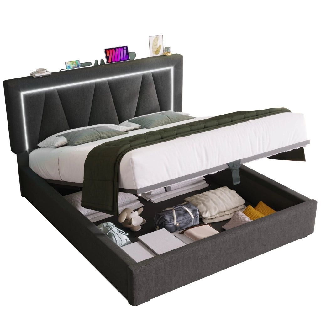 Letto contenitore 160x200 cm con testiera regolabile; LED; USB C; USB; grigio