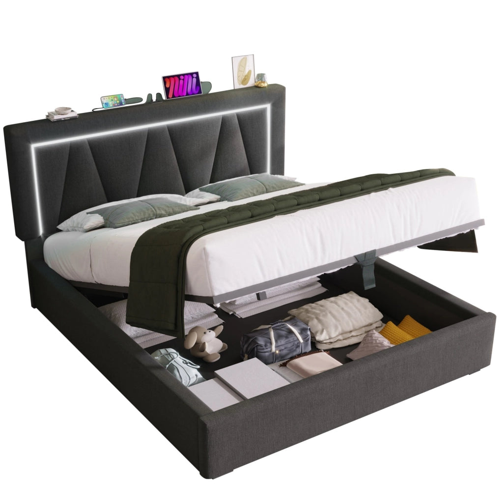 Letto contenitore 160x200 cm con testiera regolabile; LED; USB C; USB; grigio