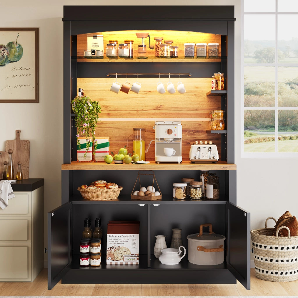 OKWISH Credenza Cucina Alta con 2 Ante, Ripiano Aperto, 6 Ganci e LED, per Cucina, Nero 107 × 43 × 184 cm
