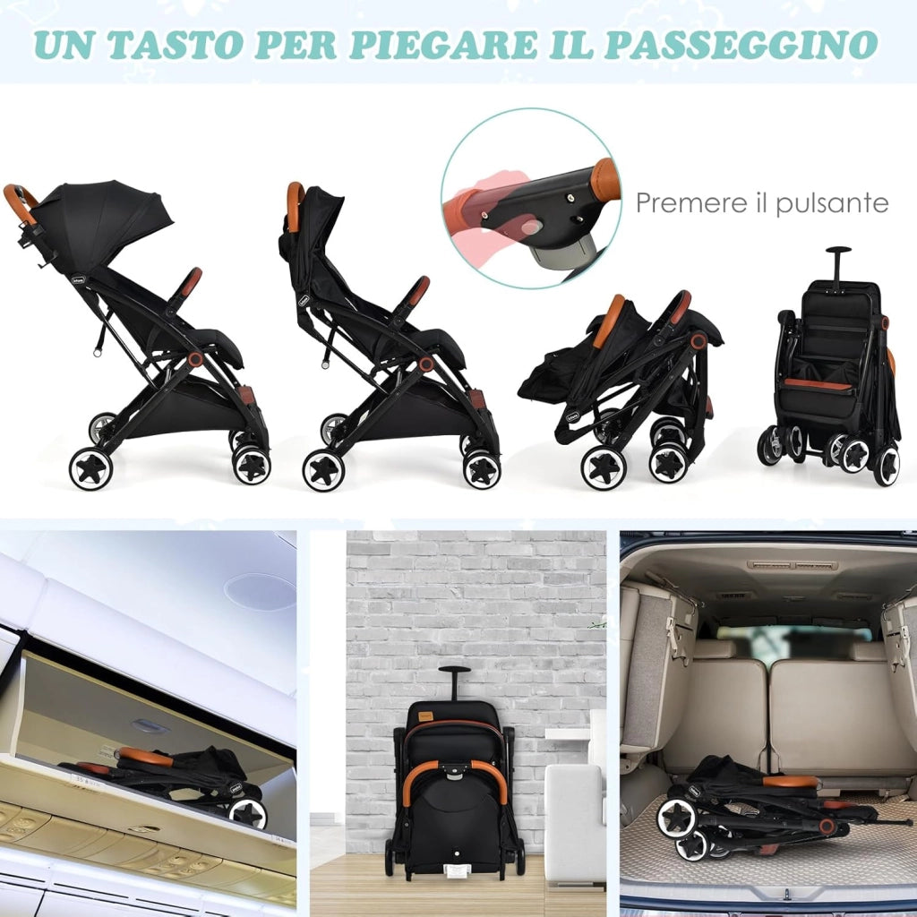 Passeggino Leggero per Bambini, Carrozzina con Schienale Regolabile, Passeggino Pieghevole con Ruote Universali, Sacco a fondo,per Bambini 0-36 Mesi, Portata 15 kg(Nero)