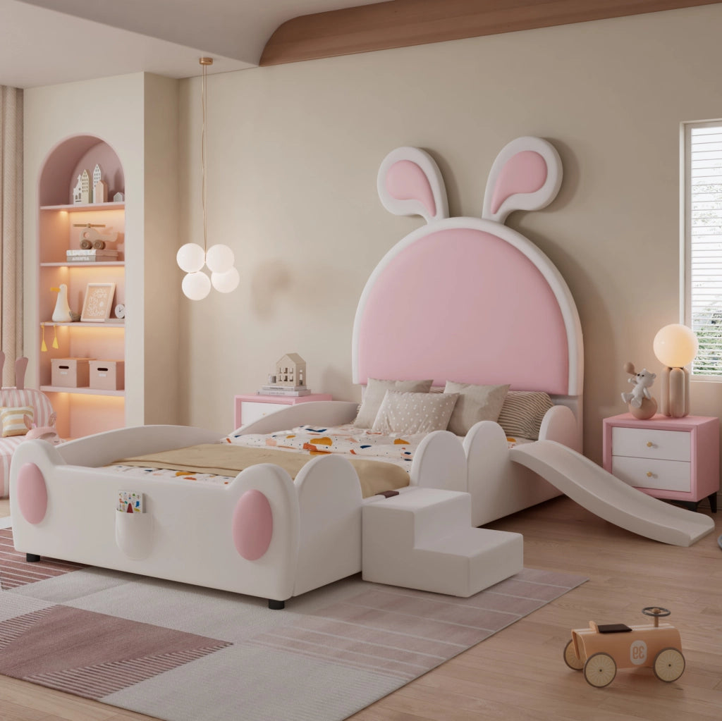 Letto singolo imbottito per bambini con scivolo, scaletta e testiera a coniglietto