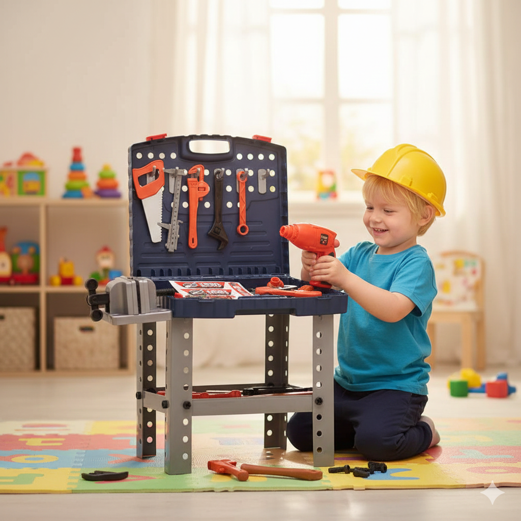 Banco Da Lavoro Per Bambini 69 Pz Valigetta Richiudibile Con Trapano Giocattolo