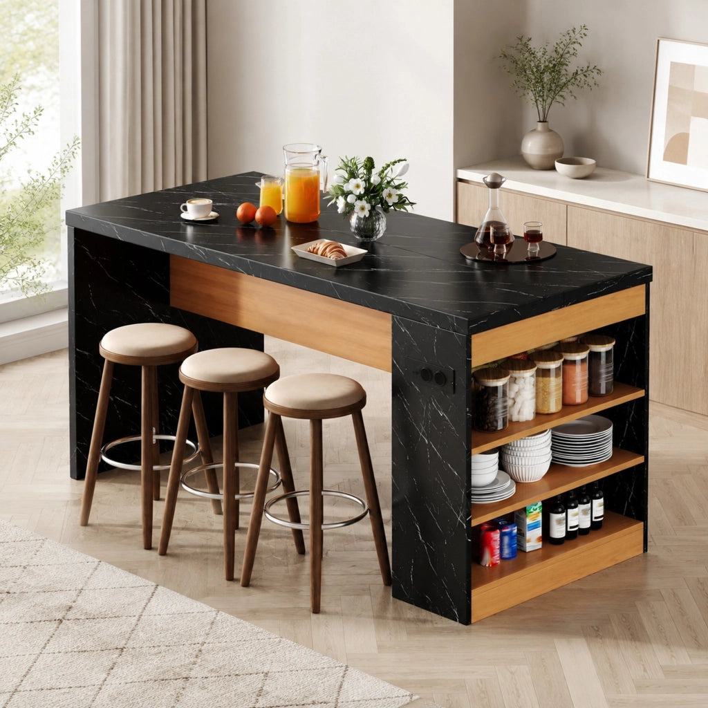 Isola cucina 155x80x90 cm con LED; prese AC e USB; 3 ripiani aperti in MDF; nero e naturale