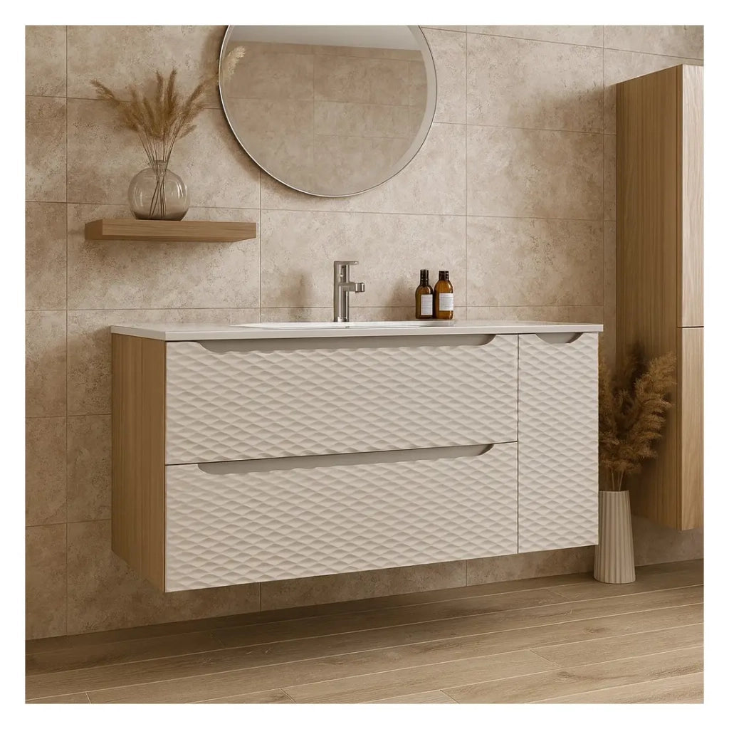Set da bagno YOKA beige: mobile sotto lavabo 120 cm + lavabo incassato