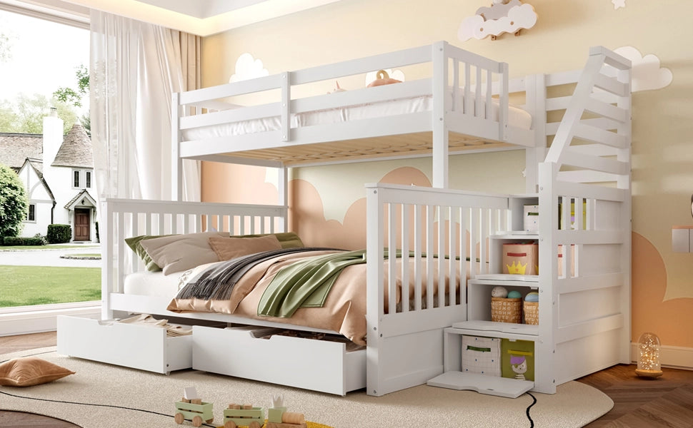 DESMIU Letto a castello 2 posti con 4 cassetti, scala laterale e sponde, 90 × 200 e 140 × 200 cm, senza materasso