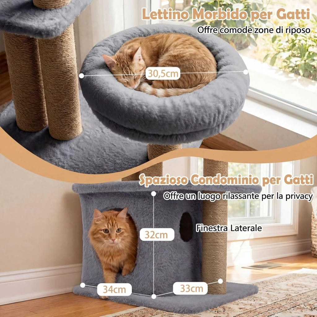 Albero per Gatti, Alberi Tiragraffi Alta 96 cm con Poggiolo Imbottito a Forma di Fiore, Condo Accogliente & Letto per Gatti, 2 Palline con Campanelli Appese & Posti per Graffiare (Grigio)