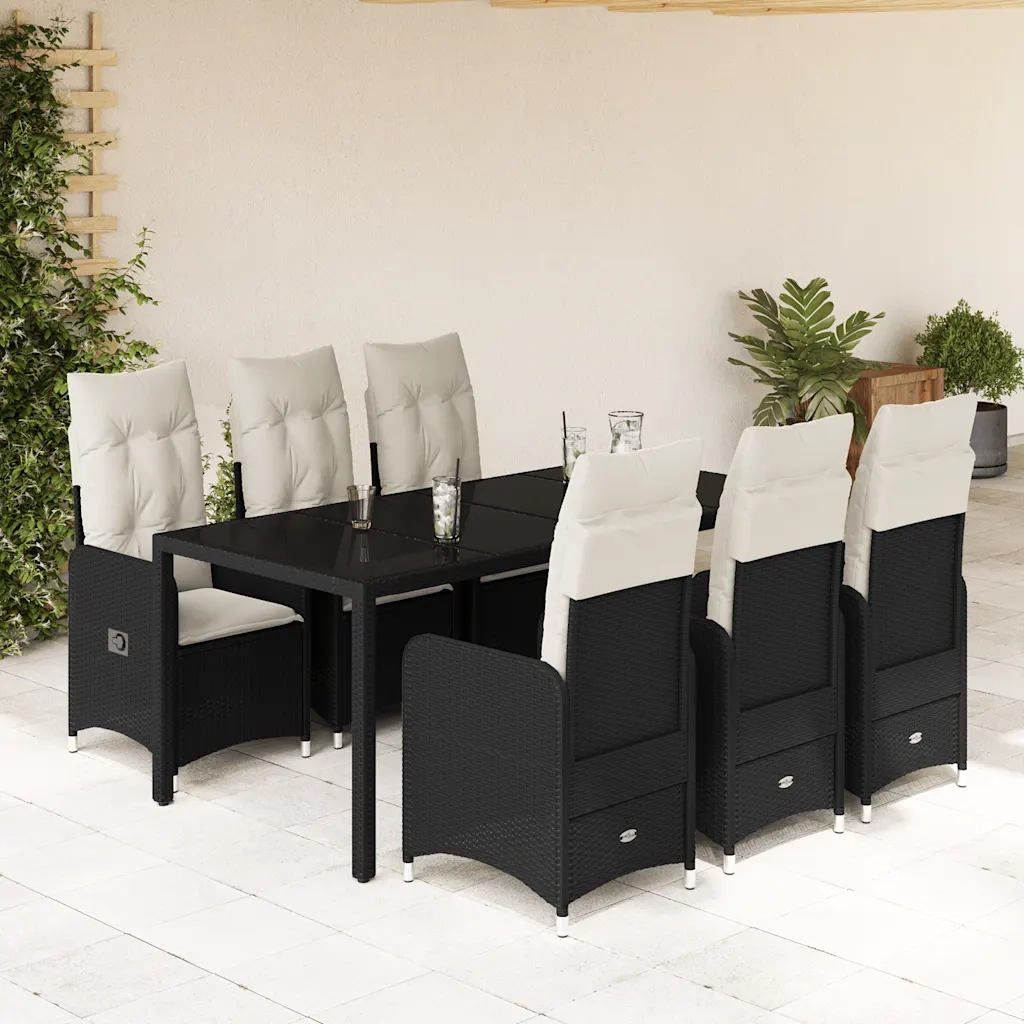vidaXL Set da Bistrò da Giardino 7 pz con Cuscini Nero in Polyrattan
