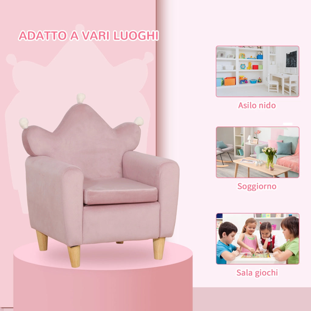 Poltrona Bambini in Velluto Rosa con Schienale a Corona ¨C zephmum ¨C 50x42x58 cm
