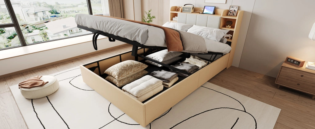 DESMIU Letto matrimoniale 140 × 200 cm 2 posti con contenitore idraulico, USB e Type-C, senza materasso, in MDF, naturale