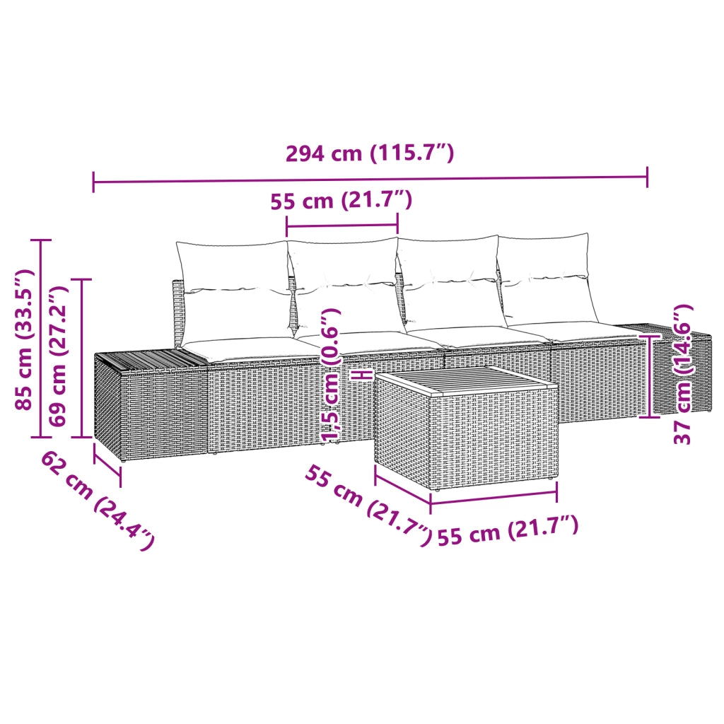 Set di divani da giardino 5 pezzi con cuscini grigi in polirattan e acacia