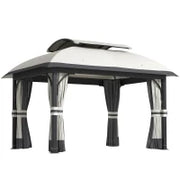 Gazebo da Giardino 4x3 m con Zanzariere e Doppio Tetto, in Metallo e Poliestere Grigio Chiaro
