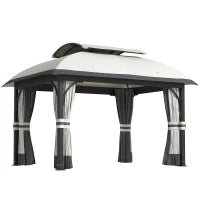 Gazebo da Giardino 4x3 m con Zanzariere e Doppio Tetto, in Metallo e Poliestere Grigio Chiaro