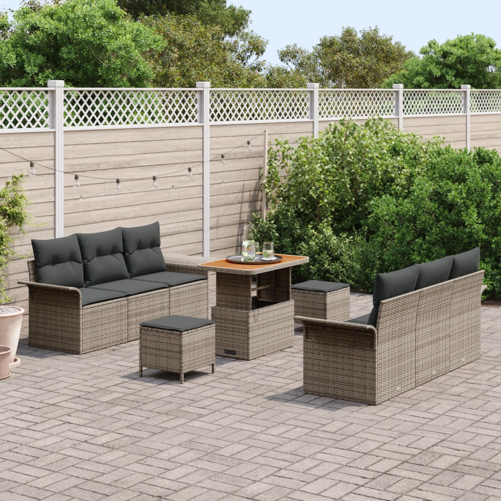 Set Divano Giardino 9 Pezzi Cuscini Grigio Polyrattan Acacia