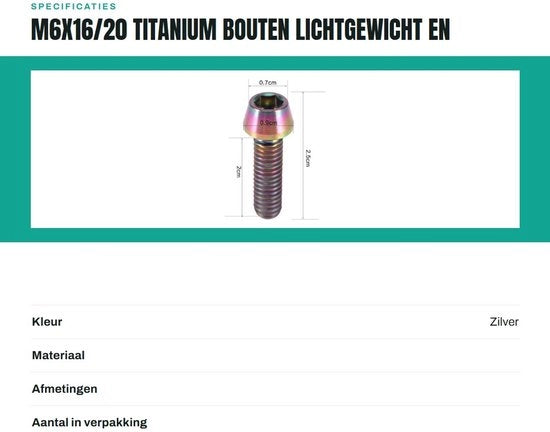 Bouti in Titanio - M6x16/20 - 6 pezzi - Leggero - Resistente alla corrosione - Alta resistenza - Design unico - Bouti per bicicletta