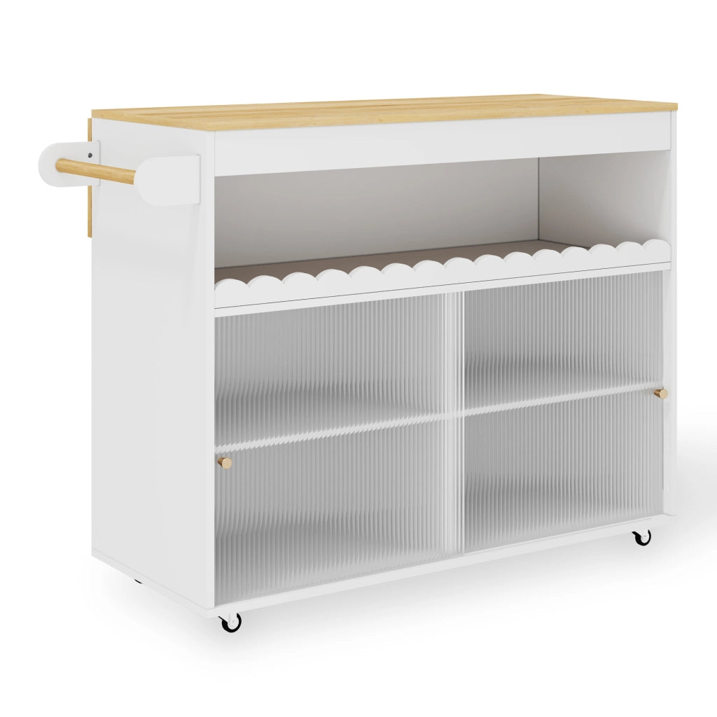 Carrello isola cucina pieghevole 122x46/69x91 cm bianco e naturale con ripiani regolabili e ruote