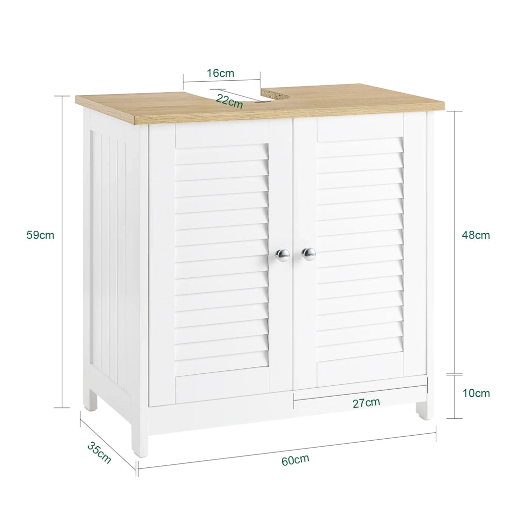 Mobile Base per lavabo con 2 Ante in Stile tapparelle,Bianco-Naturale,L60*P35*A59cm,FRG237-WN