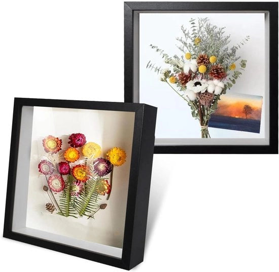 Set di Supporti per Foto 3D Premium per Oggetti da 20 x 20 cm - Cassetto di Visualizzazione Profondo per Fiori e Foto - Nero - Pacchetto da 2