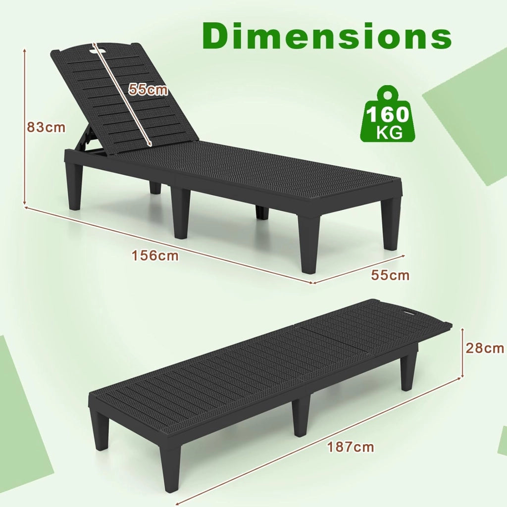 Set di 2 Sedie a Sdraio da Spiaggia, Lettino Prendisole da Giardino Reclinabile in Plastica con Schienale Regolabile in 5 Posizioni, Portata Massima 160 Kg, Sdraio Giardino per Giardino, Patio