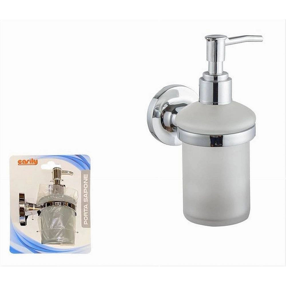 Trade Shop - Dispenser Porta Sapone Liquido A Parete Acciaio Bicchiere Vetro Satinato 79805 -