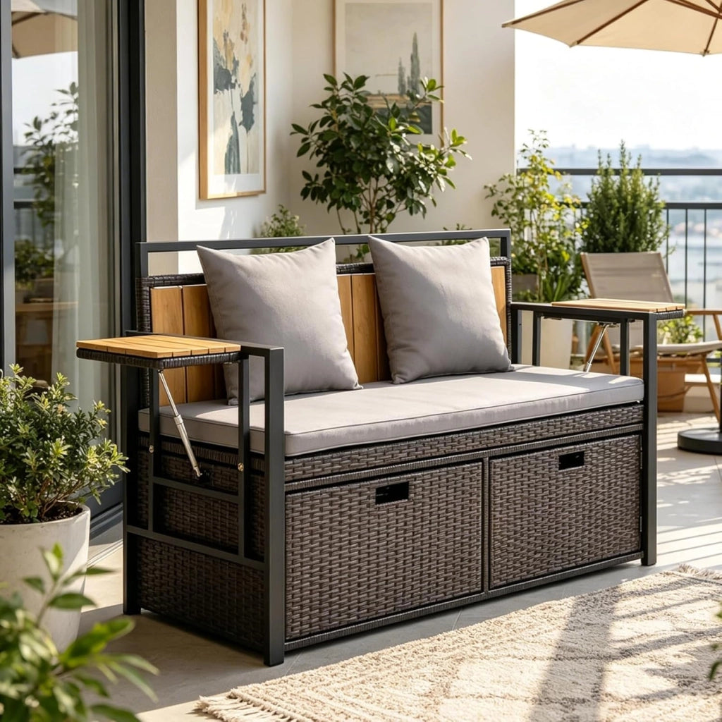 Divano da Giardino 2 Posti, Panchina da Esterno in Rattan PE con Contenitore, Cuscini Imbottiti e Tavolini Pieghevoli, Salotto da Giardino per Balcone e Terrazza, 120 x 51 x 82 cm (Grigio)