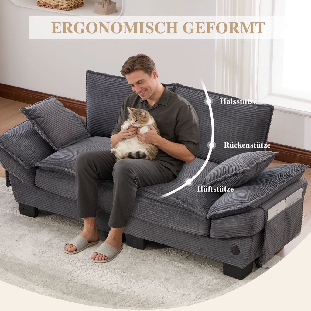 Divano 2 posti in tessuto corduroy con seduta ergonomica, porta USB-C e tasche laterali, grigio scuro