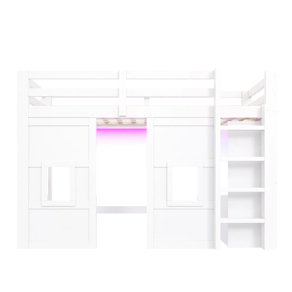 Letto a Soppalco con Armadio Integrato, Finestre e LED ¨C Xylo ¨C Bianco 90x200