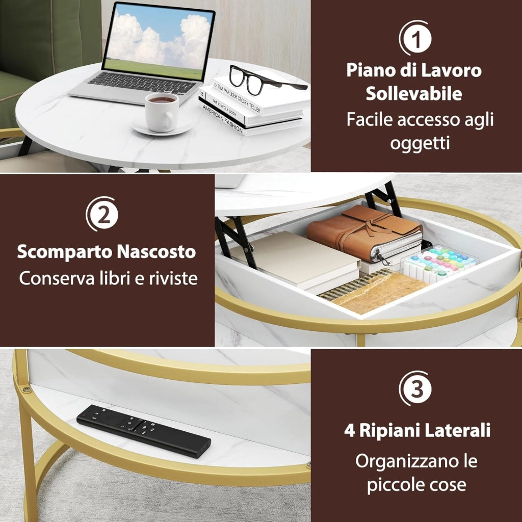 Tavolino da Caffè con Piano Sollevabile, Tavolino da Salotto Rotondo 80 cm a 2 Ripiani con Contenitore Nascosto e Ripiani Laterali, Ideale per Soggiorno, Studio e Ufficio