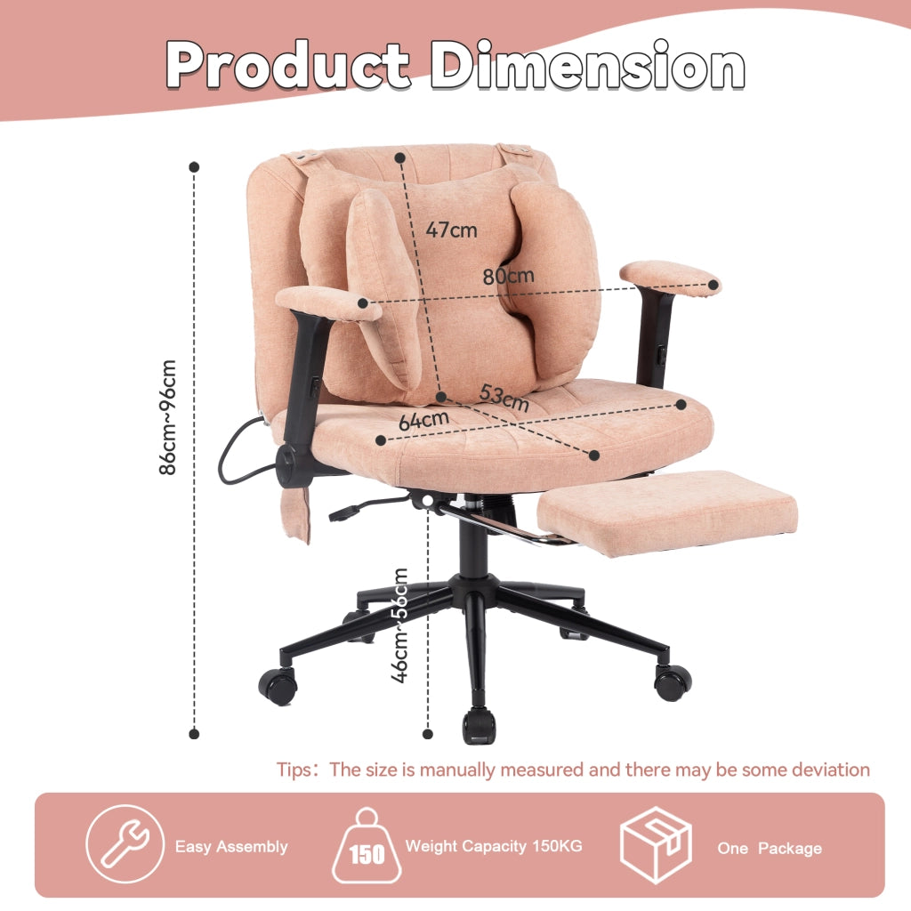 Chaise de bureau girevole in tessuto con supporto lombare gonfiabile seduta ampia base stabile e ruote silenziose rosa