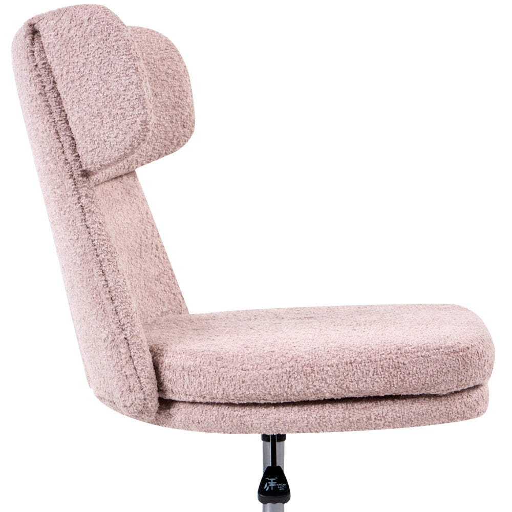 Sedia da ufficio in tessuto bouclé rosa pastello senza braccioli completamente girevole con regolazione dell'altezza del sedile