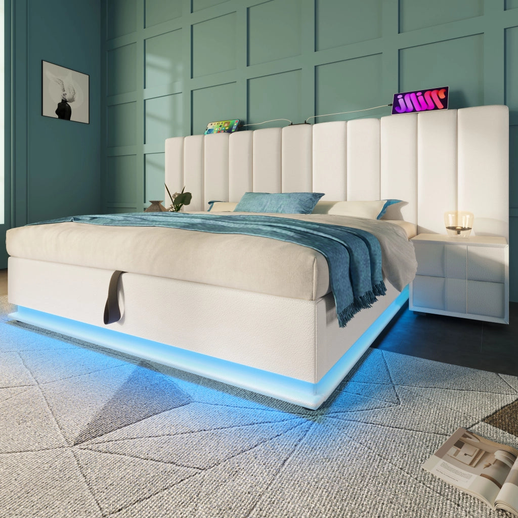 LETTO Contenitore 160x200 cm in PU Bianco con LED e ricarica USB-C