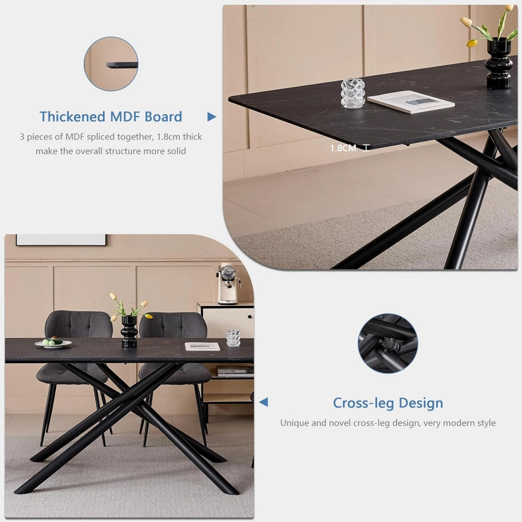 GrandCA HOME Tavolo da Pranzo Rettangolare, Tavolo da Cucina Moderno da 180 cm, Ampia Scrivania in MDF con Gambe in Metallo, per Sala da Pranzo, Soggiorno, Ufficio (Marmo Nero)