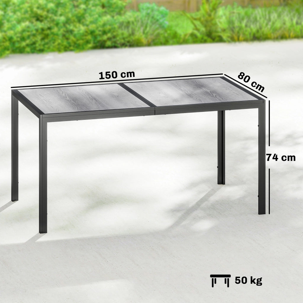 Tavolo da Giardino 4-6 Persone 150x80x74 cm con Piano Effetto Legno in Acciaio e Plastica Grigio e Nero