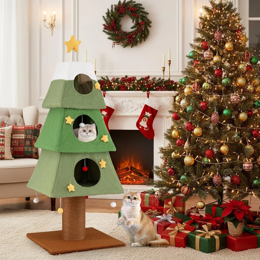 Albero per Gatti da Interno, Tiragraffi per Gatti Alto 162 cm con 3 Condo, Palo Tiragraffi in Sisal e Palline Pendenti, Mobile per Arrampicata per Decorazione Festiva