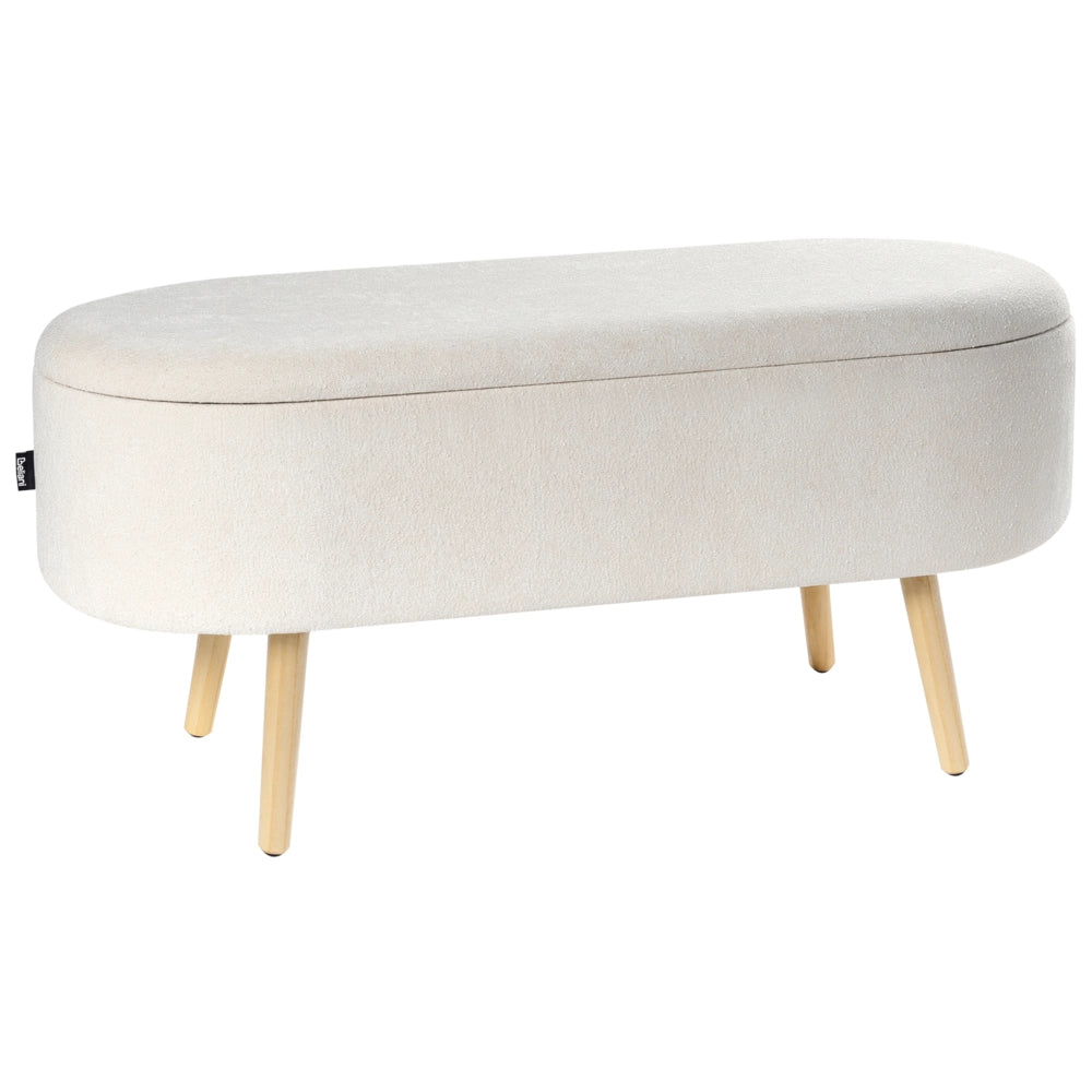 Panca da camera da letto con gambe in legno imbottite, bianco sporco, sedile per corridoio con portaoggetti