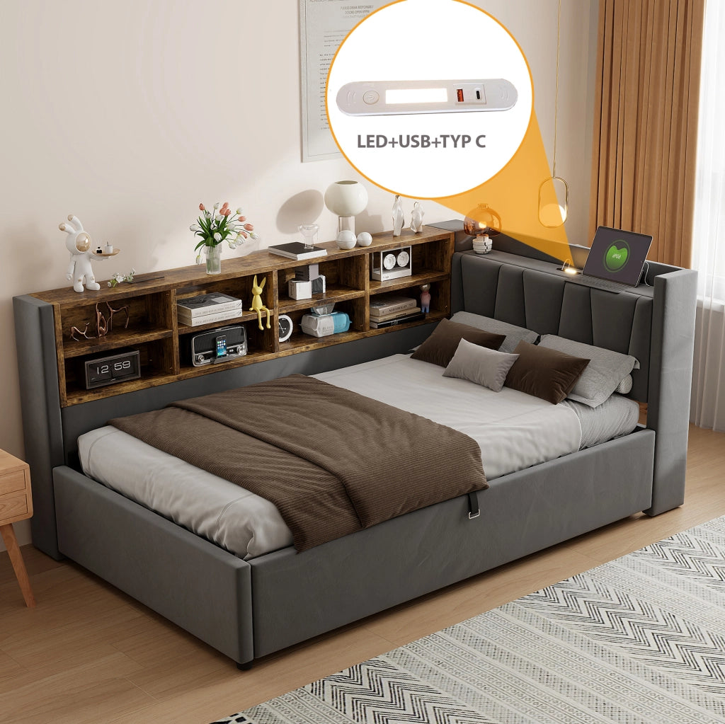 Divano letto imbottito 90x200 cm in velluto grigio con contenitore; LED; USB e Type-C