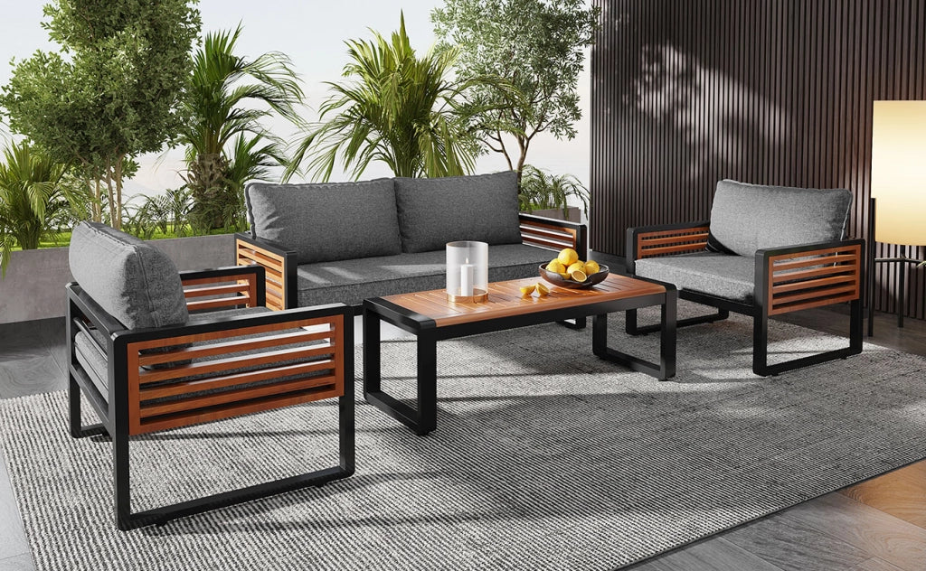 Set salotto giardino 4 pezzi: ferro zincato; Divanooo 2 posti + 2 poltrone + tavolo; braccioli legno; grigio anticato