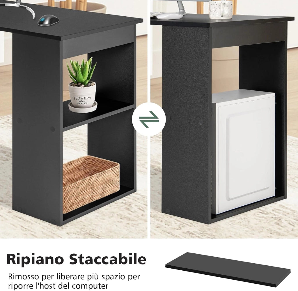 Scrivania per Computer con Libreria, Scrivania Salvaspazio Moderna con 6 Ripiani e Base Ampia, Scrivania Porta PC Moderna per Casa e Ufficio, 122 cm x 51 cm x 122 cm (Nero)