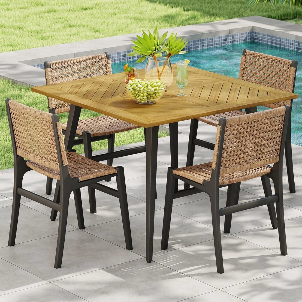 Tavolo da pranzo quadrato per giardino, tavolo in legno di acacia con foro dell'ombrellone da 5 cm e gambe in metallo, 107 x 107 x 75 cm, per balcone, terrazza