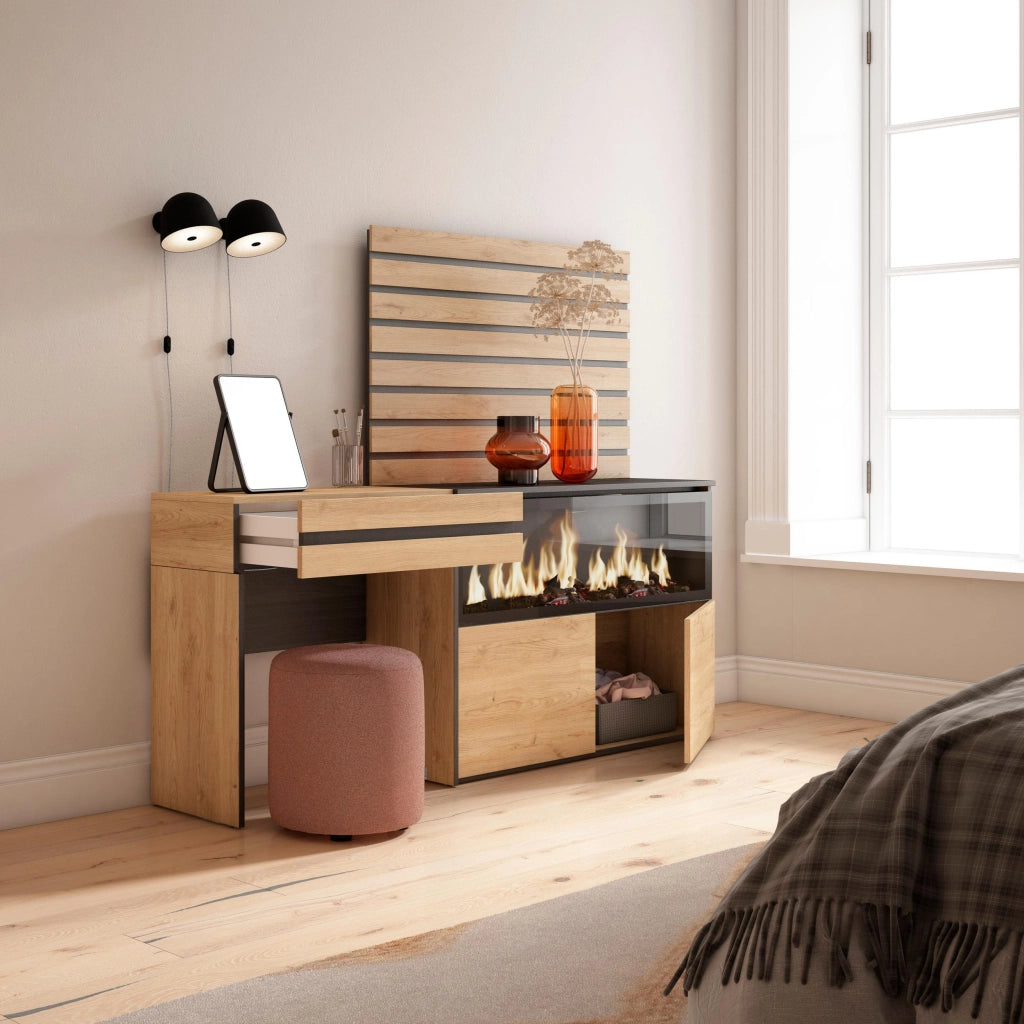 Tavolo da toeletta, 177x35x145cm, Con cassetto, Camino elettrico XXL, Pannelli Decorativi, colore Rovere RF3481