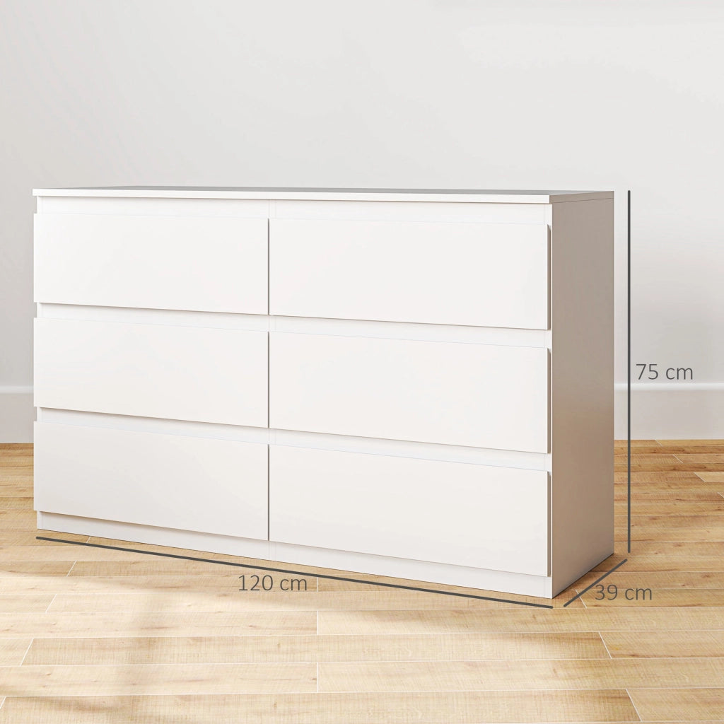 Comò Cassettiera 6 Cassetti 120x39x75 cm con Maniglie a Gola in Legno Bianco