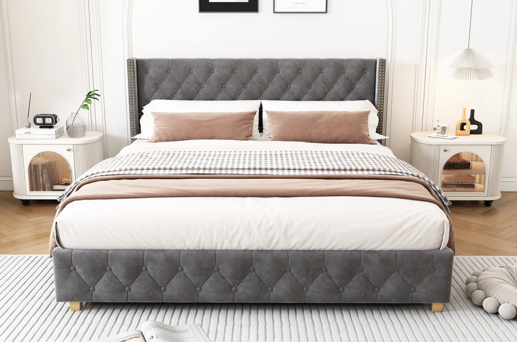 Letto imbottito 180 x 200 cm in velluto grigio con rete