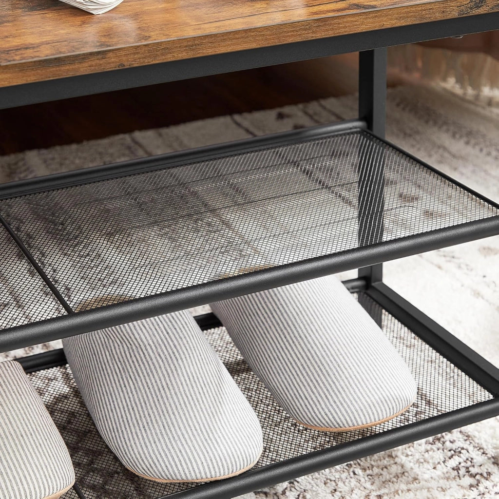 VASAGLE Panca Scarpe, 80 x 30 x 44,5 cm, scarpiera a 2 livelli in rete, portaoggetti Scarpe, per ingresso, metallo, stile industriale, marrone rustico e nero LBS74X