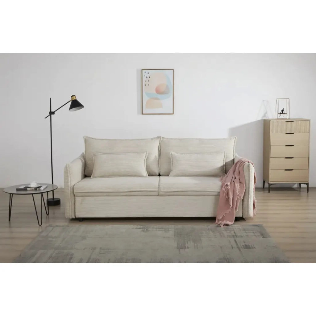 Divano dritto CALDERO beige convertibile con contenitore – Divano letto in velluto a coste con spazio di stoccaggio integrato