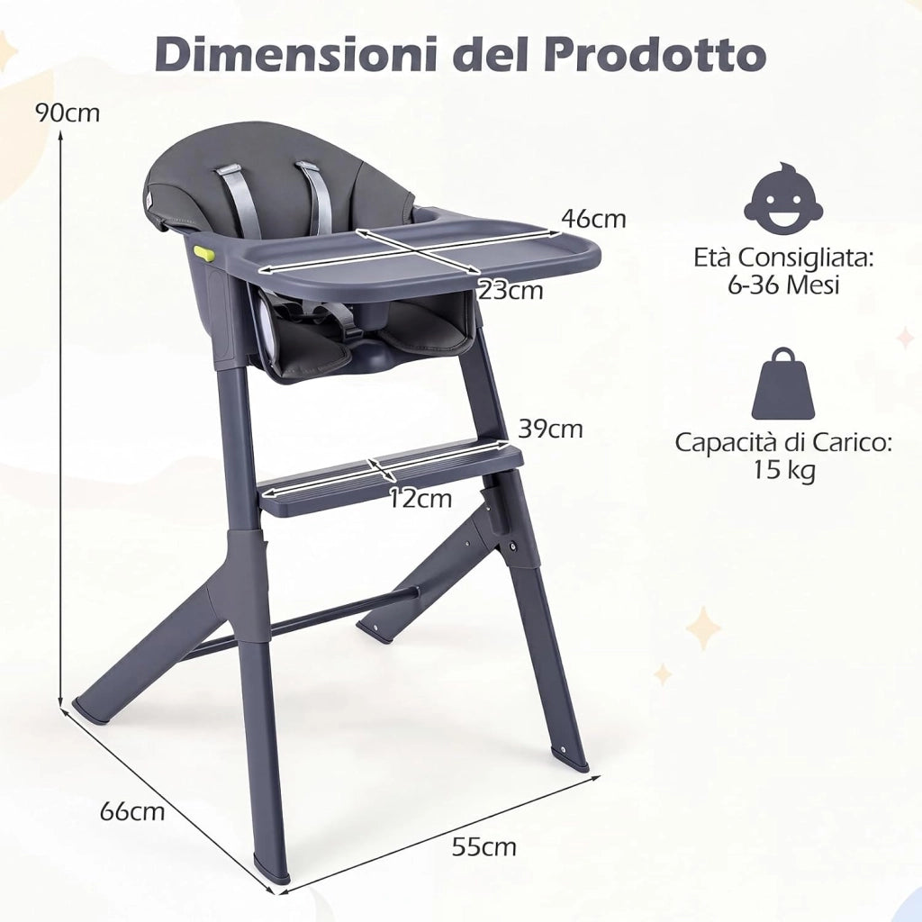 Seggiolone Pappa Evolutivo per Bambini 6-36 Mesi, Lavabile | Sedia Portatile con Vassoio Regolabile, Cuscino Imbottito e Cintura di Sicurezza, Telaio in Metallo, Portata 15 kg