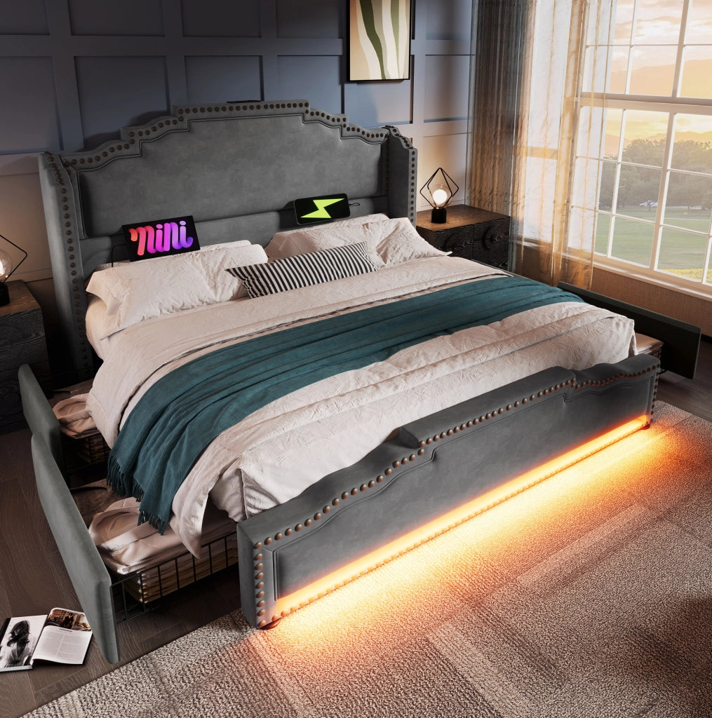 Letto imbottito 140x200 cm grigio con materasso, LED, USB-C e 4 cassetti