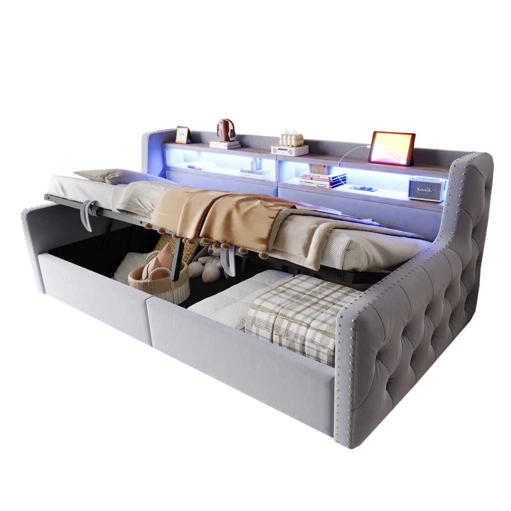 Divano letto imbottito 90 x 200 cm con contenitore idraulico, LED, presa USB e tipo C, velluto, Grigio chiaro