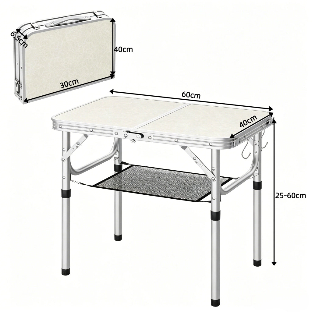 Carrello pieghevole con altezza regolabile a 4 livelli rete portaoggetti e ganci in MDF e alluminio crema
