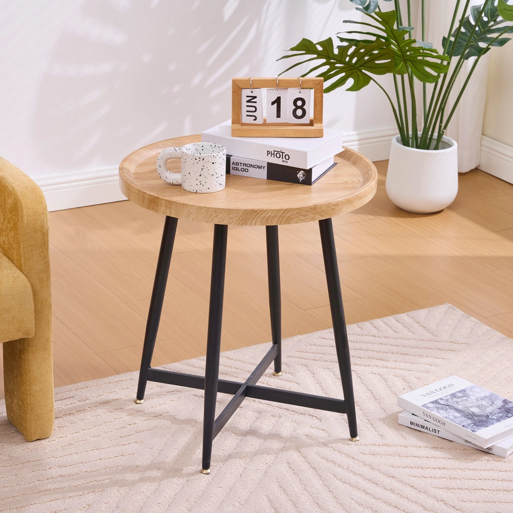 OKWISH Tavolino da Caffè Rotondo con Piano Compatto e Gambe in Metallo Incrociate, per Soggiorno e Camera, MDF, Legno Naturale, 55×55×60 cm