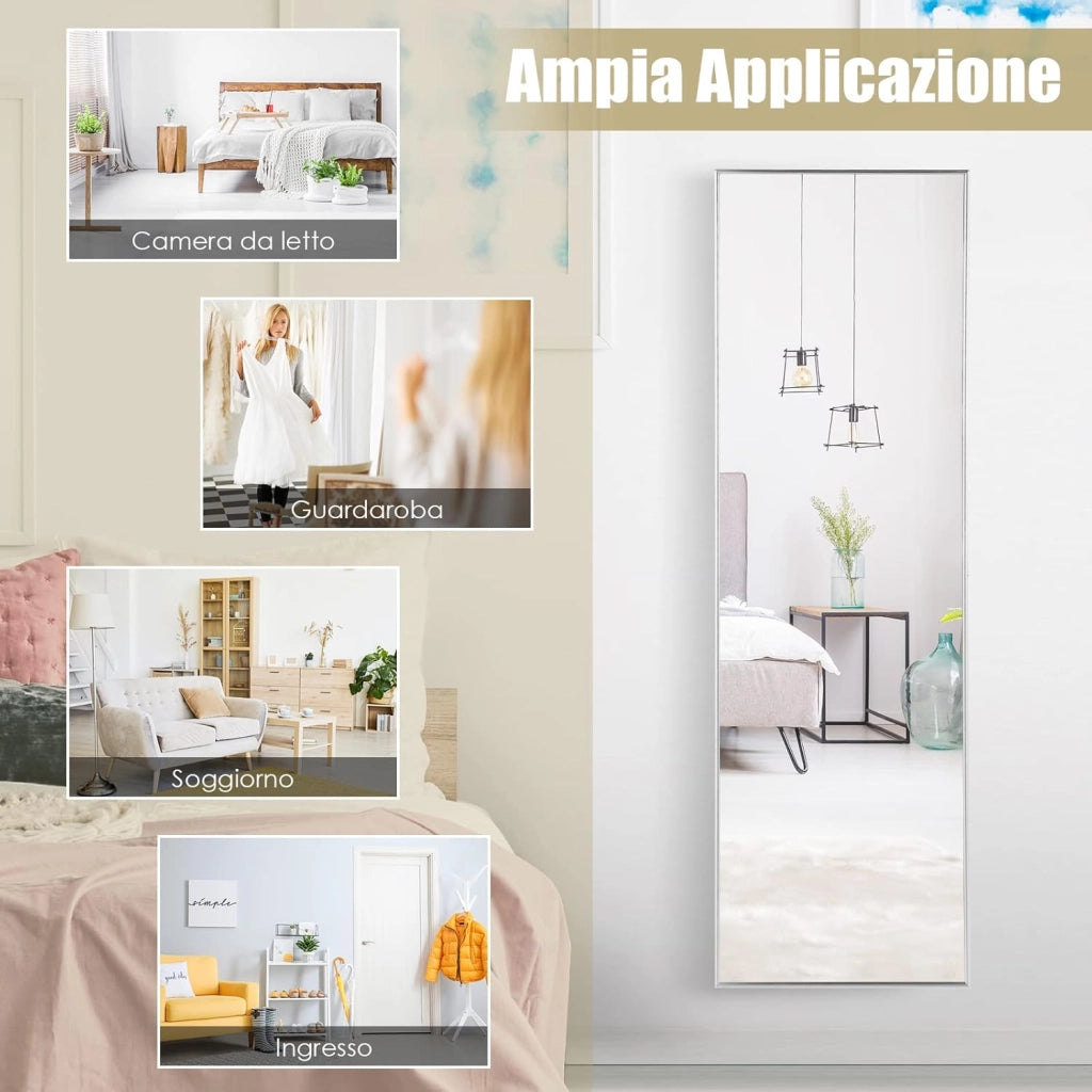 Specchio da Parete Lungo, Specchio a Figura Intera Appendere con Cornice in Lega di Alluminio e Ganci, Per Camera da Letto e Soggiorno, 120 x 37 cm (Argento)